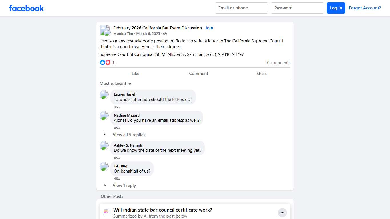 February 2026 California Bar Exam Discussion I see so many test takers are posting on Reddit to write a letter to The California Supreme Court Facebook